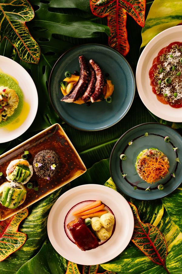 Platos del menú sobre hojas tropicales